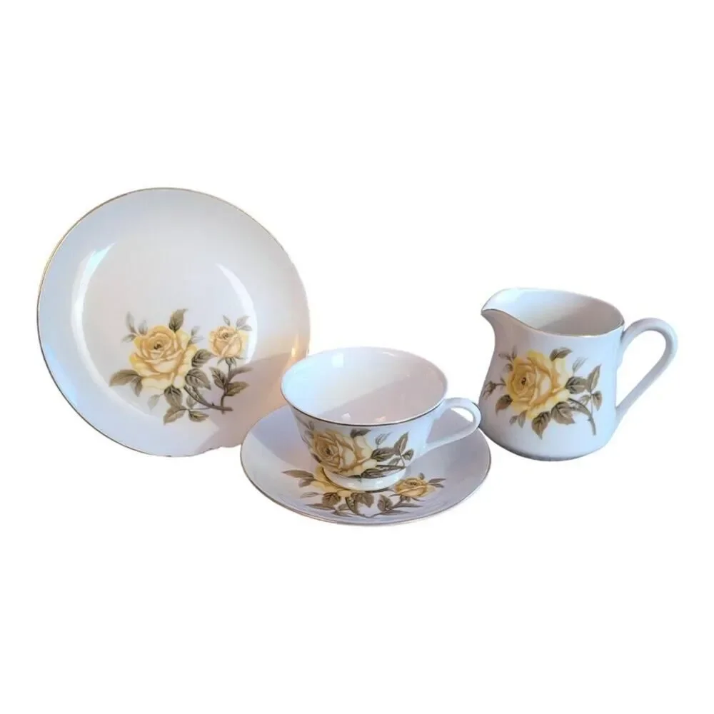 Talisman by Norleans Yellow Rose Plate, Cup, Saucer & Creamer Dish W/Gold Trim